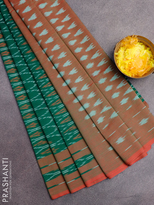 Ikat cotton saree green and maroon shade with allover ikat weaves and simple border without blouse