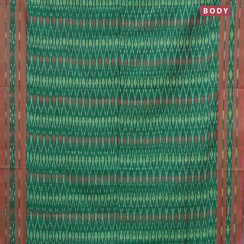 Ikat cotton saree green and maroon shade with allover ikat weaves and simple border without blouse