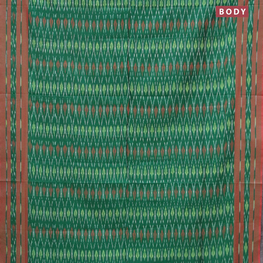 Ikat cotton saree green and maroon shade with allover ikat weaves and simple border without blouse