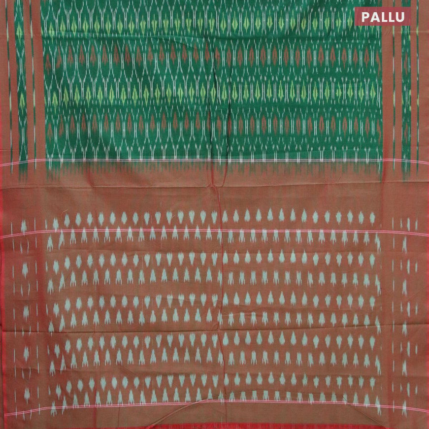 Ikat cotton saree green and maroon shade with allover ikat weaves and simple border without blouse