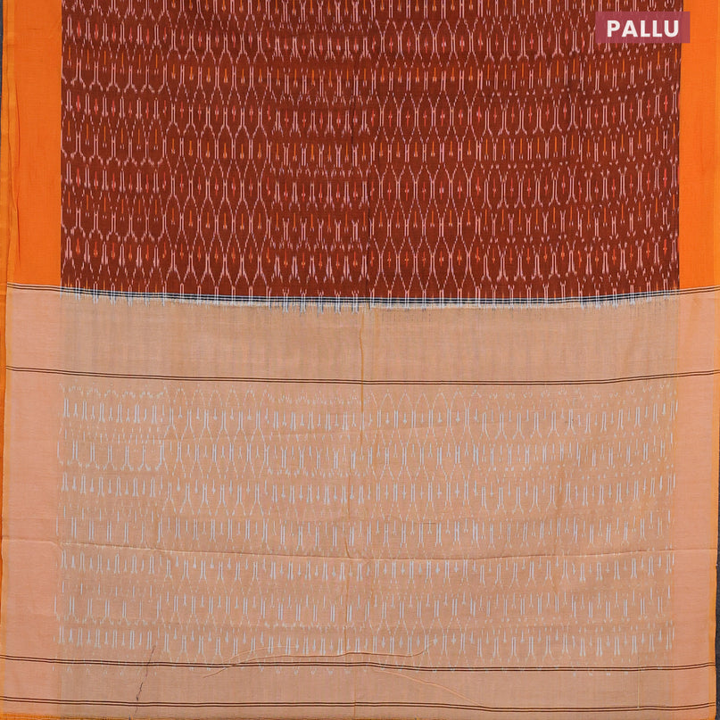 Ikat cotton saree rust shade and orange with allover ikat weaves and simple border without blouse