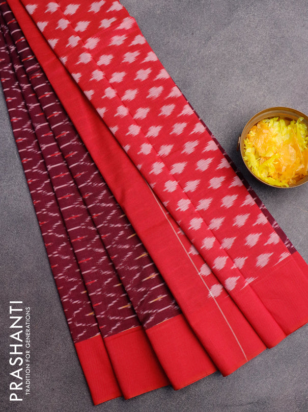 Ikat cotton saree dark magenta pink and pink with allover ikat weaves and simple border without blouse