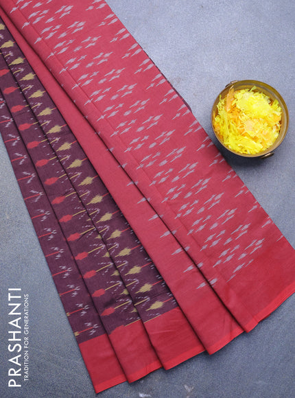 Ikat cotton saree deep maroon and red with allover ikat weaves and simple border without blouse