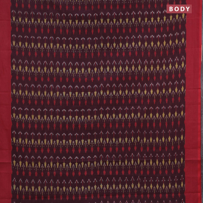 Ikat cotton saree deep maroon and red with allover ikat weaves and simple border without blouse