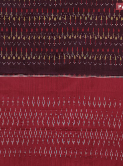 Ikat cotton saree deep maroon and red with allover ikat weaves and simple border without blouse