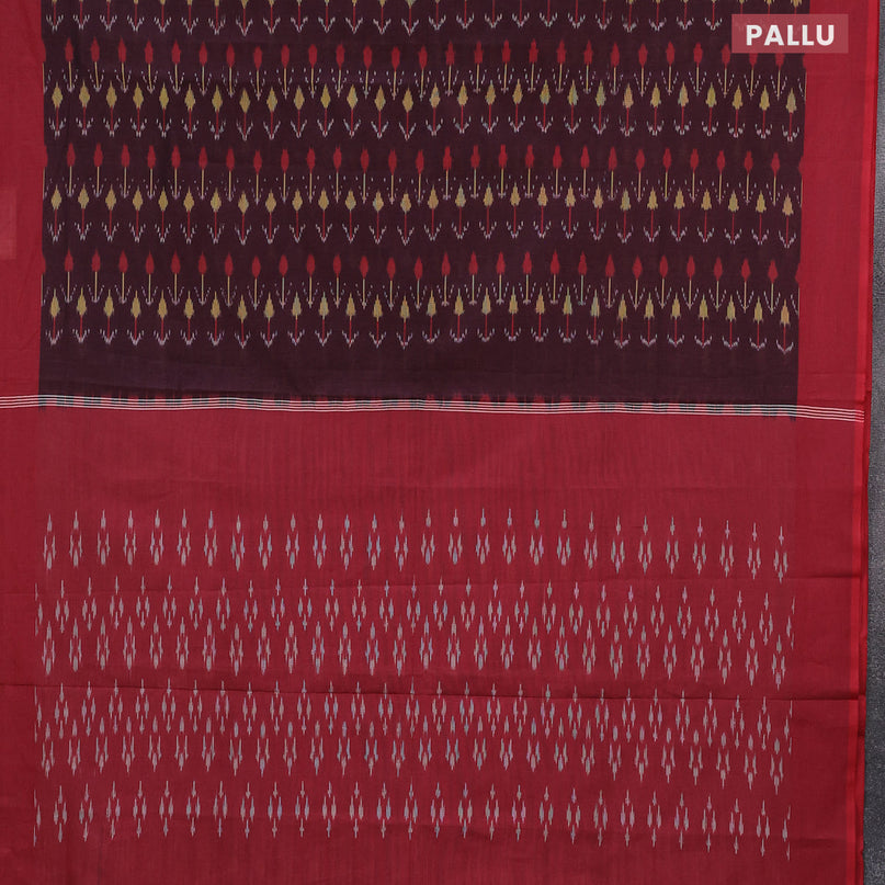 Ikat cotton saree deep maroon and red with allover ikat weaves and simple border without blouse