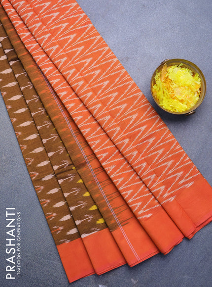 Ikat cotton saree honey shade and sunset orange with allover ikat weaves and simple border without blouse