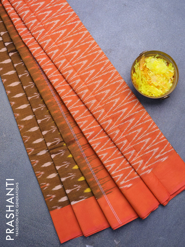 Ikat cotton saree honey shade and sunset orange with allover ikat weaves and simple border without blouse