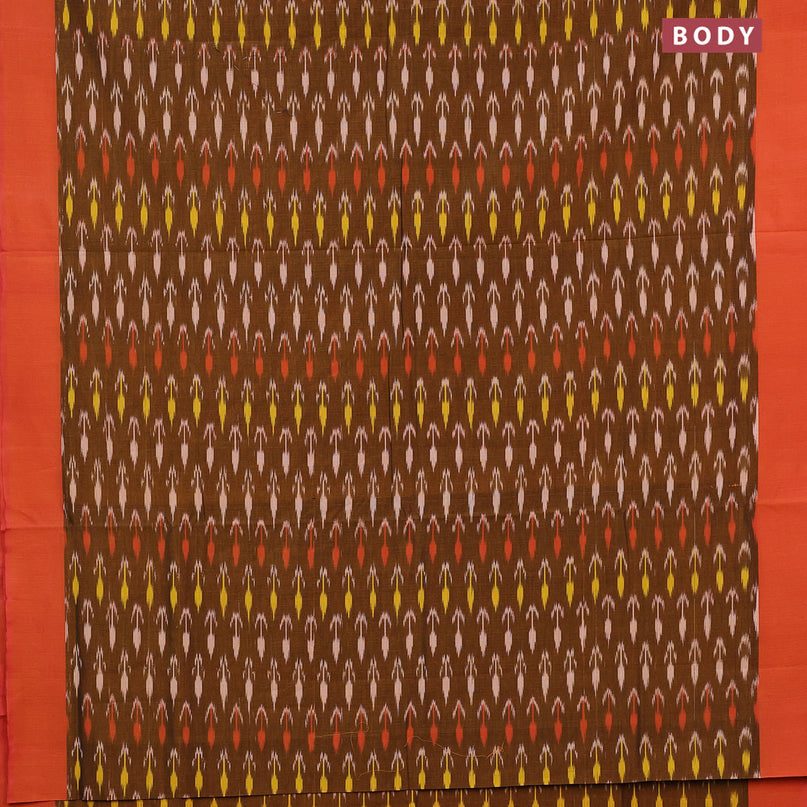 Ikat cotton saree honey shade and sunset orange with allover ikat weaves and simple border without blouse