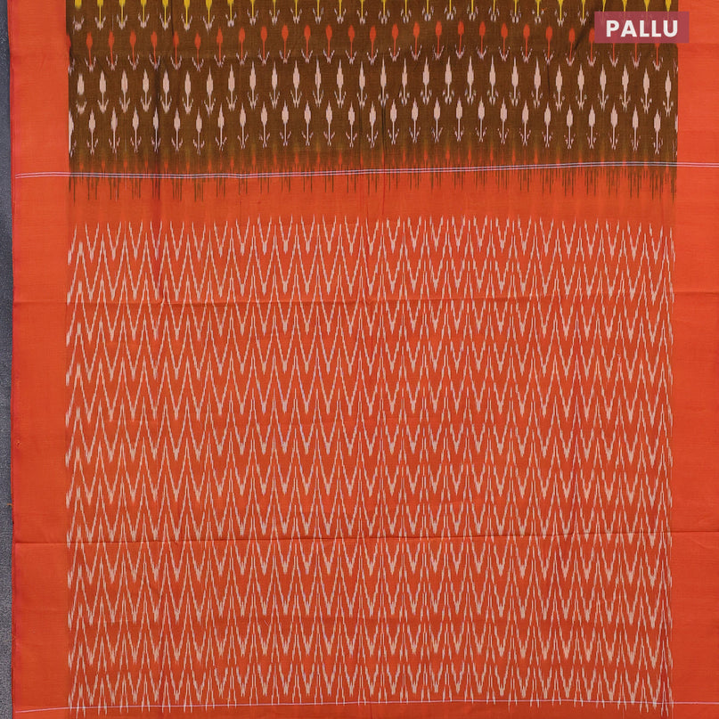 Ikat cotton saree honey shade and sunset orange with allover ikat weaves and simple border without blouse