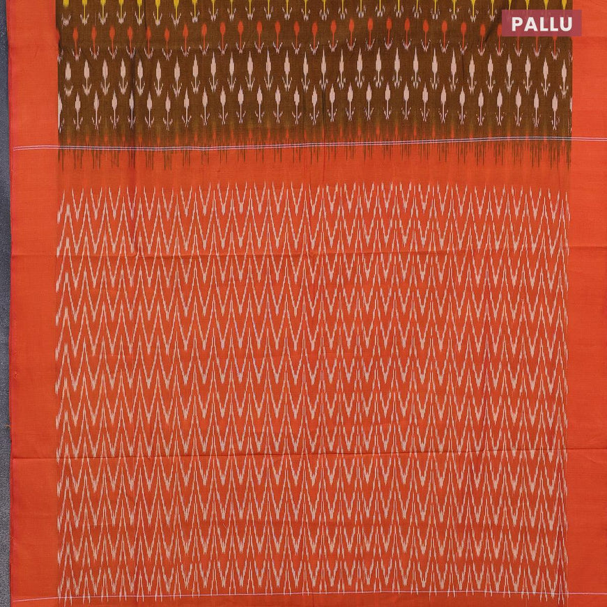 Ikat cotton saree honey shade and sunset orange with allover ikat weaves and simple border without blouse