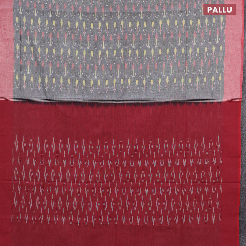 Ikat cotton saree grey and maroon with allover ikat weaves and simple border without blouse