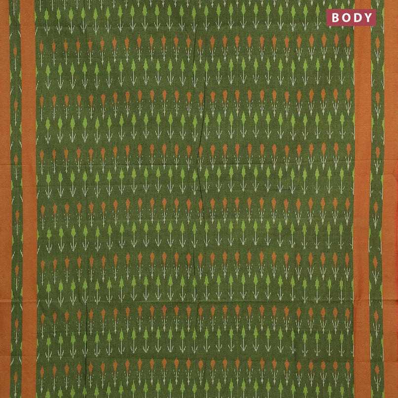 Ikat cotton saree green and red shade with allover ikat weaves and simple border without blouse