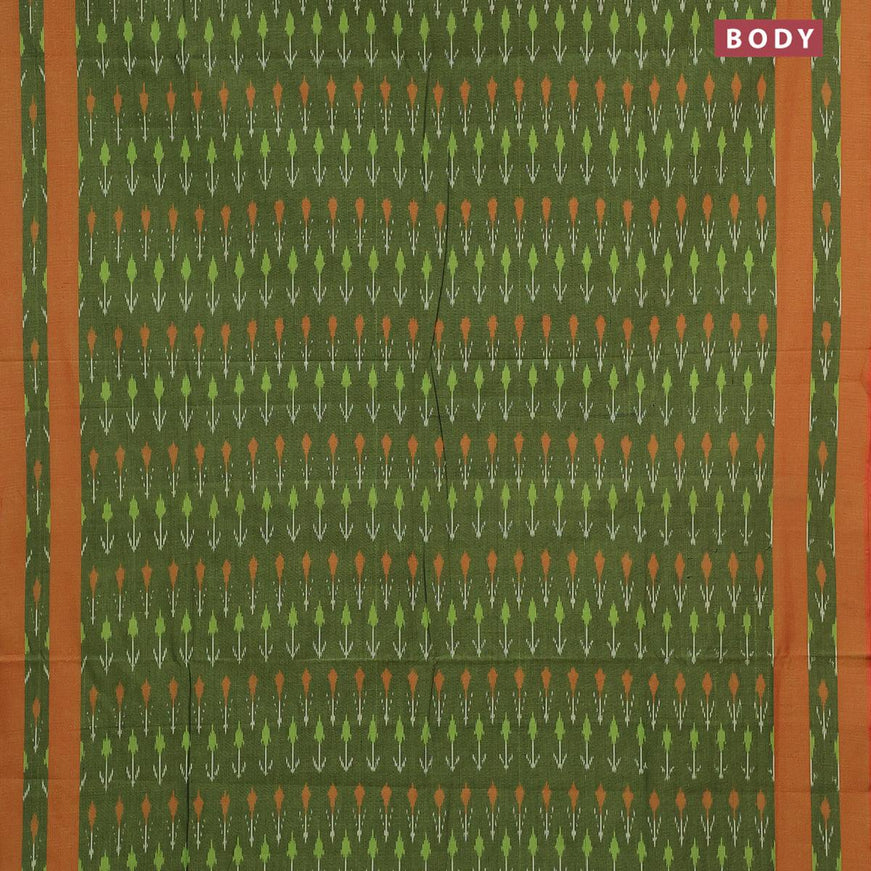 Ikat cotton saree green and red shade with allover ikat weaves and simple border without blouse