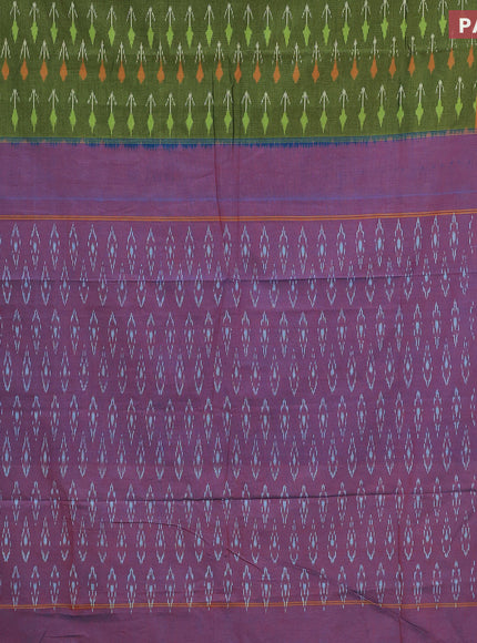 Ikat cotton saree green and red shade with allover ikat weaves and simple border without blouse