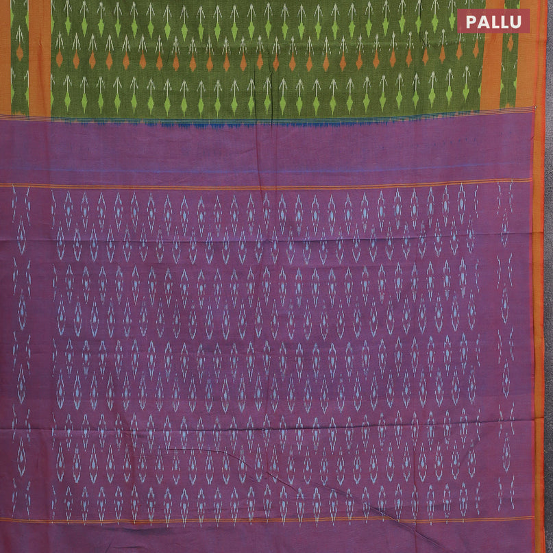 Ikat cotton saree green and red shade with allover ikat weaves and simple border without blouse