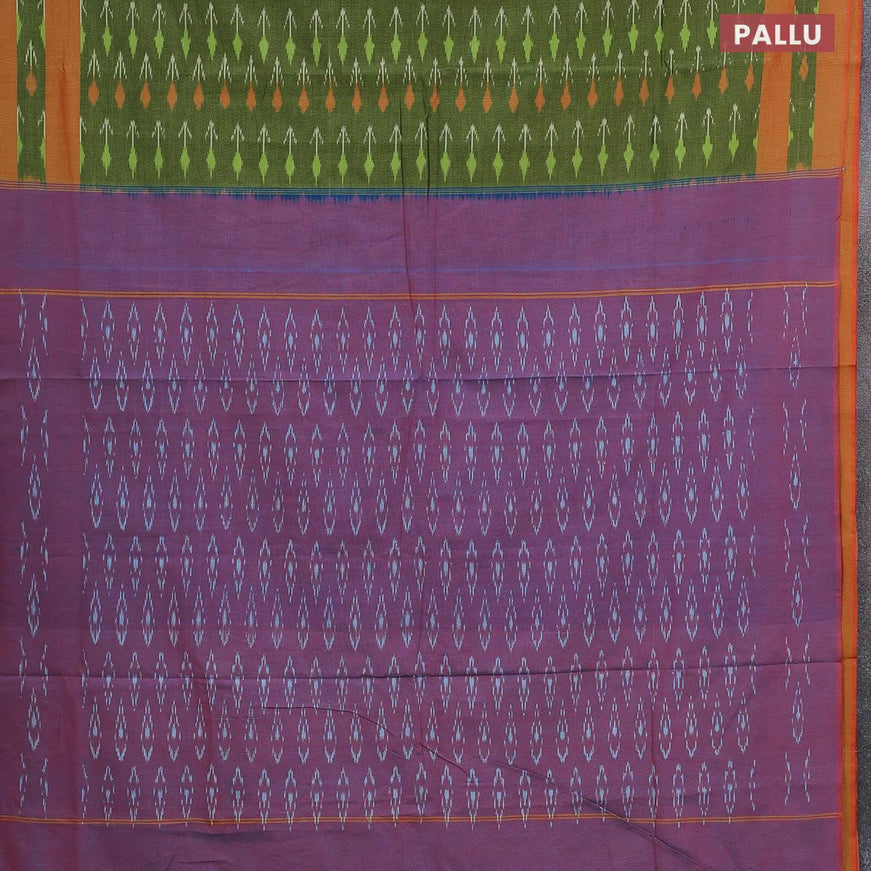 Ikat cotton saree green and red shade with allover ikat weaves and simple border without blouse