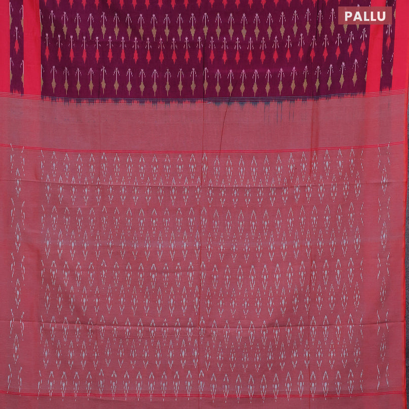 Ikat cotton saree purple and dual shade of pink with allover ikat weaves and simple border without blouse