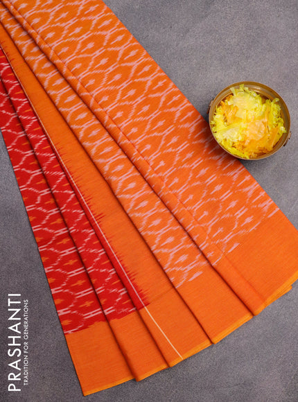 Ikat cotton saree red and mustard shade with allover ikat weaves and simple border without blouse