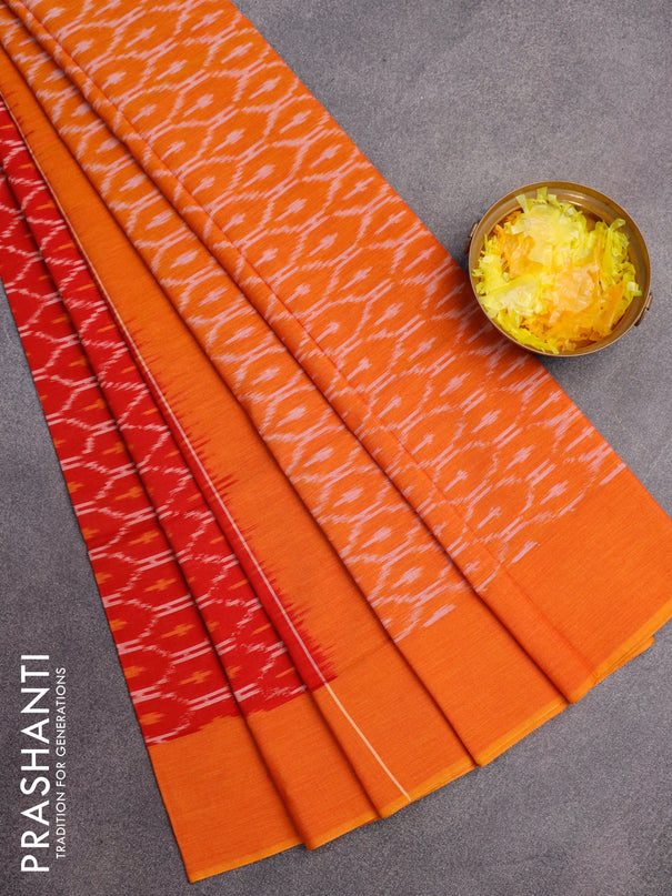 Ikat cotton saree red and mustard shade with allover ikat weaves and simple border without blouse