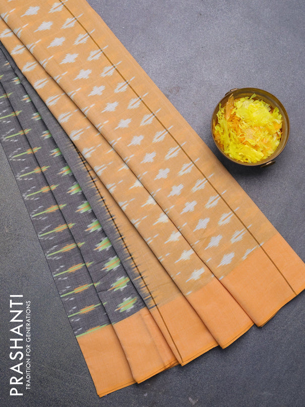 Ikat cotton saree grey and yellow with allover ikat weaves and simple border without blouse