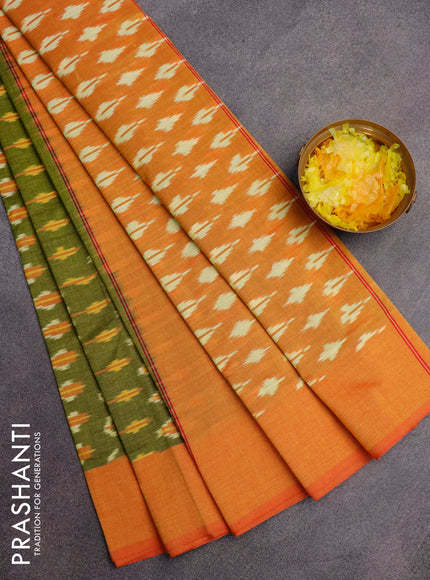 Ikat cotton saree green and dual shade of mustard with allover ikat weaves and simple border without blouse