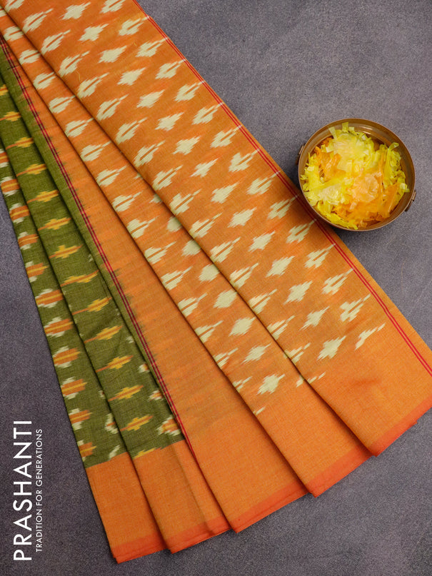 Ikat cotton saree green and dual shade of mustard with allover ikat weaves and simple border without blouse