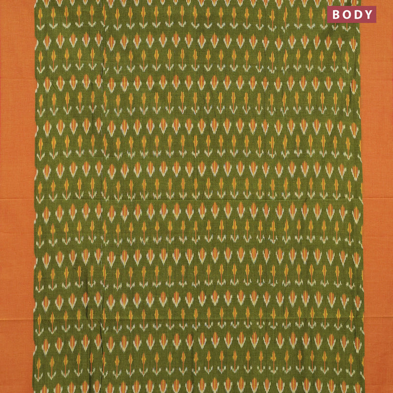 Ikat cotton saree green and dual shade of mustard with allover ikat weaves and simple border without blouse