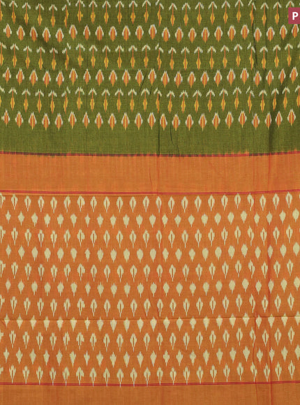 Ikat cotton saree green and dual shade of mustard with allover ikat weaves and simple border without blouse