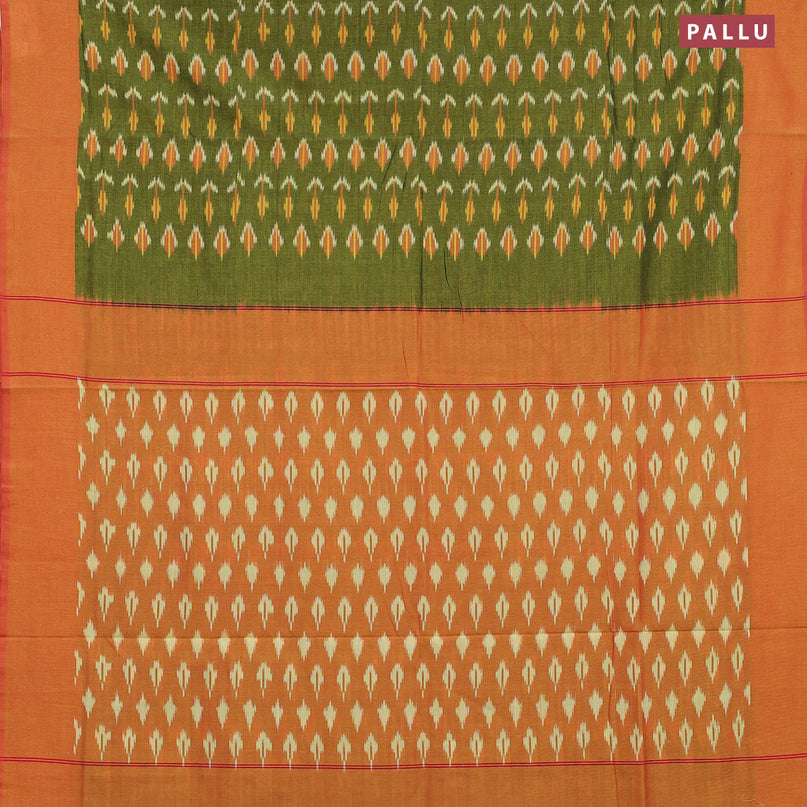 Ikat cotton saree green and dual shade of mustard with allover ikat weaves and simple border without blouse