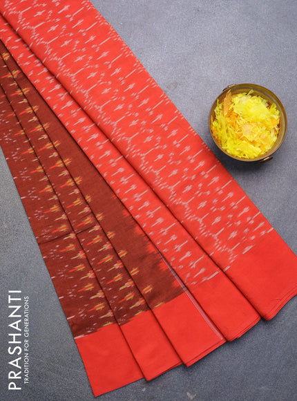 Ikat cotton saree maroon and orange with allover ikat weaves and simple border without blouse