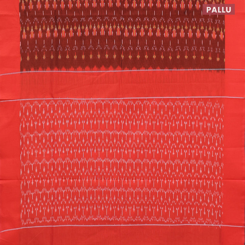 Ikat cotton saree maroon and orange with allover ikat weaves and simple border without blouse