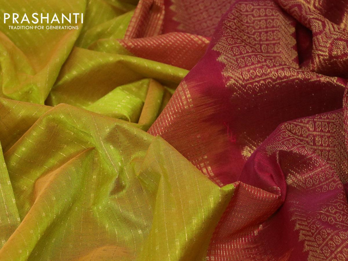 10 yards silk cotton saree yellowish green and maroon with allover zari weaves & buttas and zari woven border