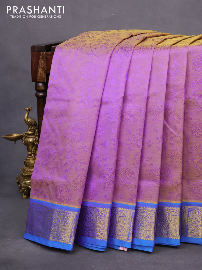 10 yards silk cotton saree dual shade of lavender and cs blue with allover self emboss jacquard and zari woven border