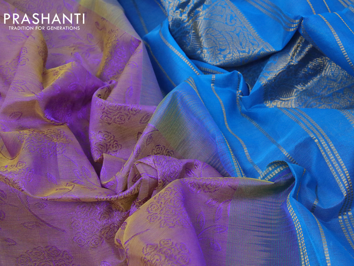 10 yards silk cotton saree dual shade of lavender and cs blue with allover self emboss jacquard and zari woven border
