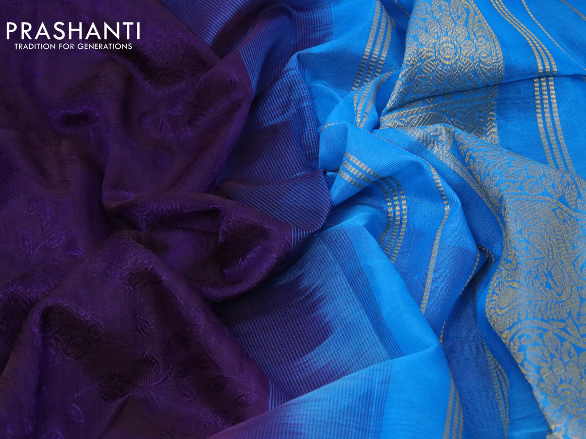 10 yards silk cotton saree deep jamun shade and cs blue with allover self emboss jacquard and zari woven border