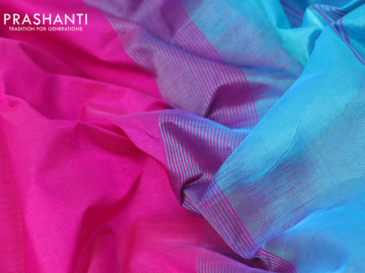 10 yards silk cotton saree pink and teal blue with plain body and zari woven simple border
