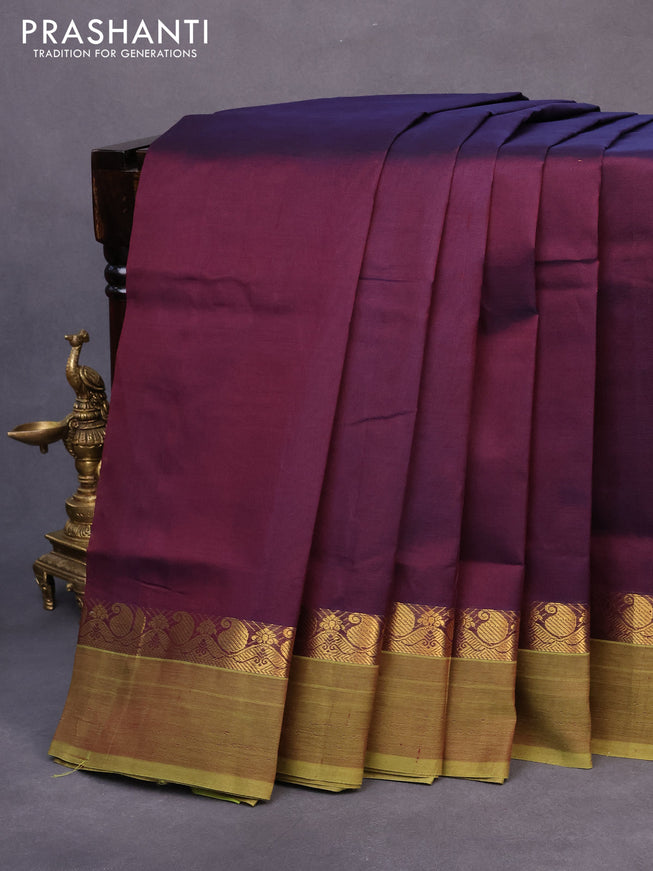 10 yards silk cotton saree deep maroon and light green with plain body and zari woven simple border
