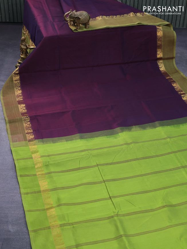 10 yards silk cotton saree deep maroon and light green with plain body and zari woven simple border
