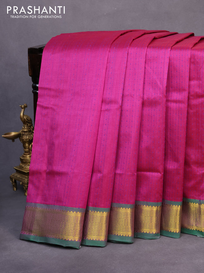 10 yards silk cotton saree purple and green with allover thread checks & buttas and zari woven border