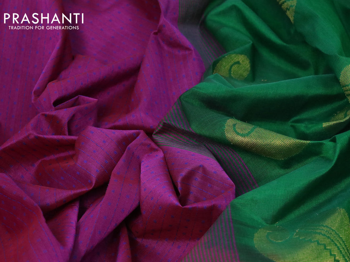10 yards silk cotton saree purple and green with allover thread checks & buttas and zari woven border