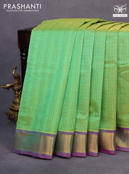 10 yards silk cotton saree light green and purple with allover thread checks & buttas and zari woven border