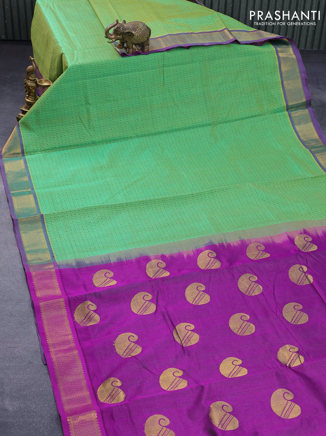 10 yards silk cotton saree light green and purple with allover thread checks & buttas and zari woven border