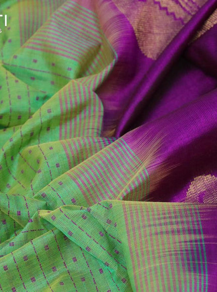 10 yards silk cotton saree light green and purple with allover thread checks & buttas and zari woven border