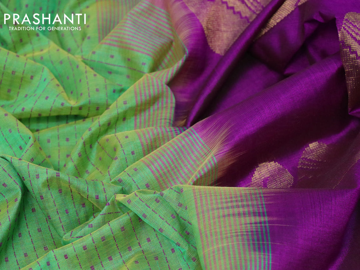 10 yards silk cotton saree light green and purple with allover thread checks & buttas and zari woven border