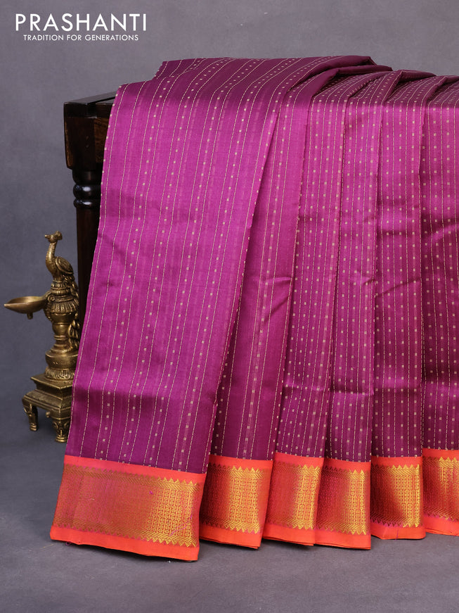 10 yards silk cotton saree wine shade and orange with allover thread weaves and zari woven border