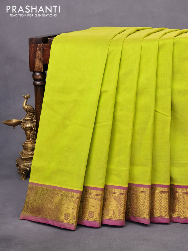 10 yards silk cotton saree light green and wine shade purple with plain body and elephant design zari woven border