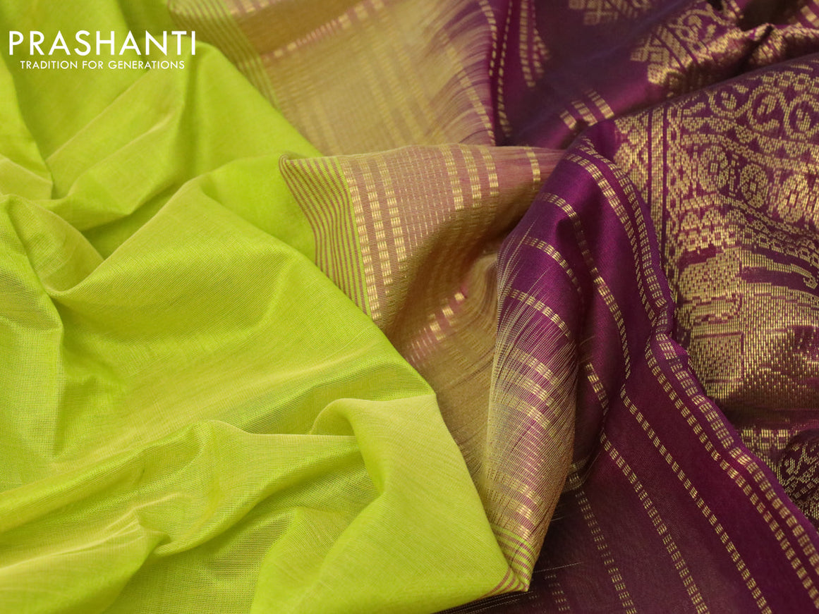 10 yards silk cotton saree light green and wine shade purple with plain body and elephant design zari woven border