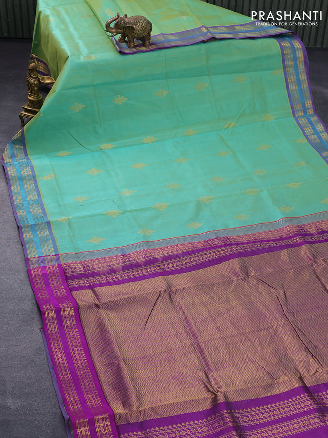 10 yards silk cotton saree teal green and purple with zari woven buttas and rettapet zari woven border