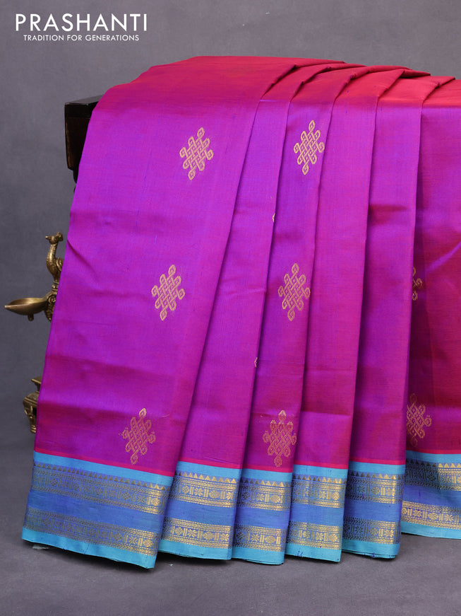 10 yards silk cotton saree dual shade of purple and teal blue with zari woven buttas and rettapet zari woven border